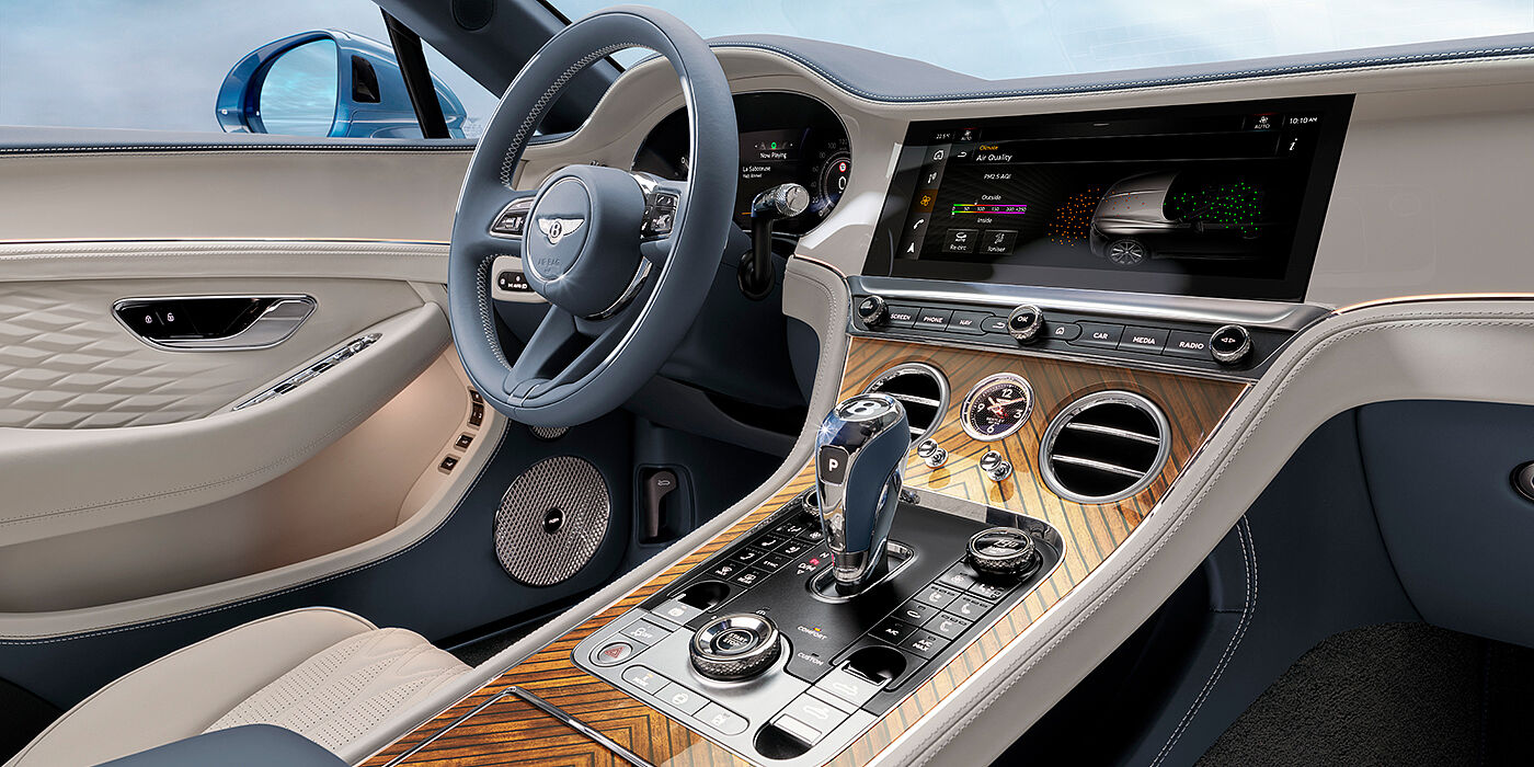 Bentley Jeddah New Bentley Continental GTC Azure convertible interior front cabin view with Linen and Brunel hides and Piano Linen by Mulliner veneer featuring centre console and centre MMI screen