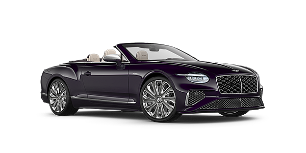 Bentley Jeddah Bentley New Continental GTC Mulliner convertible front three quarter view in Damson paint with 22 inch Mulliner painted and polished wheel