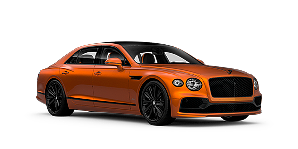 Bentley Jeddah Bentley Flying Spur Speed front side angled view in Orange Flame coloured exterior. 
