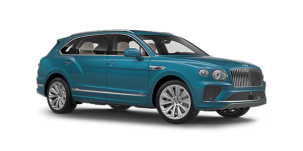 Bentley Jeddah Bentayga Extended Wheelbase Azure luxury SUV front three quarter in Topaz Blue by Mulliner paint