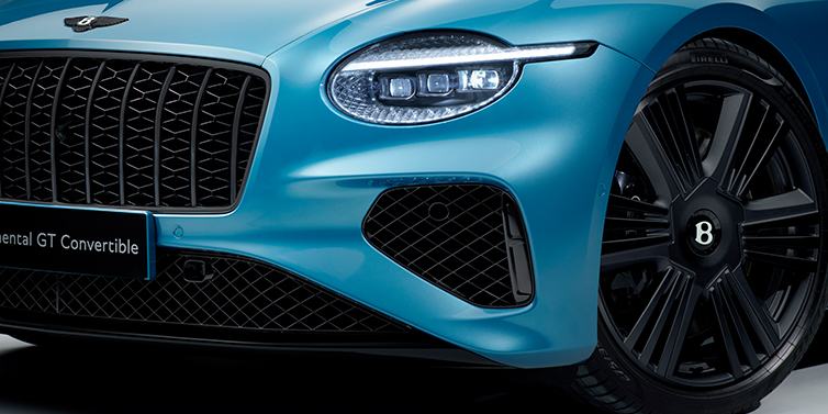 Bentley Jeddah New Bentley Continental GT Azure coupe bonnet detail with Blackline Specification including black grille and wheels with Light Windsor blue paint